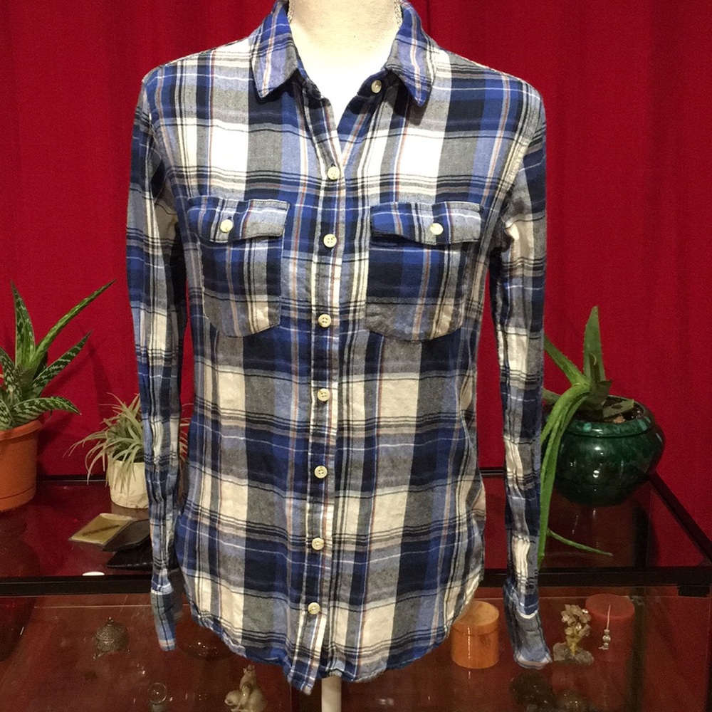Mossimo Blue, Black, & White Plaid Shirt, Size S